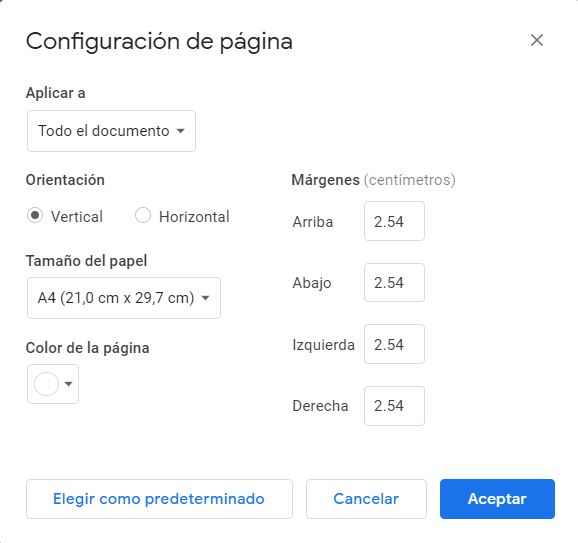 Configuración de la pagina en Google Docs