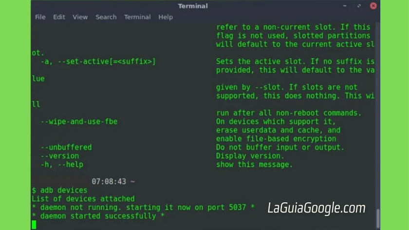 Terminal de Linux ejecutando el Comando "adb devices" para instalar Minimal ADB y Fastboot 